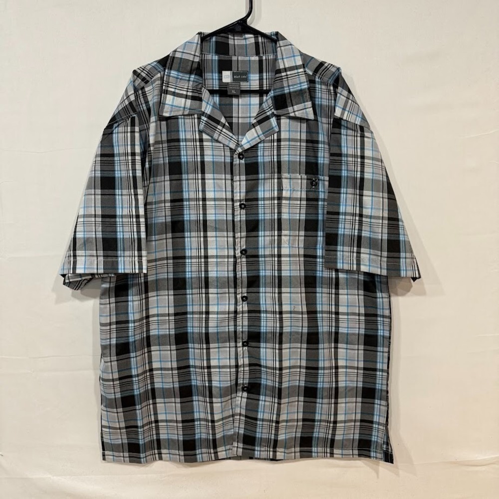 God Body Black Label Men's Button Shirt XL Blue Gray‎ Plaid Short Sleeve